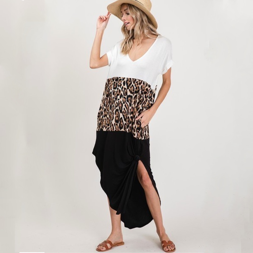 Cy Fashion Black White Color Block Summer Leopard Maxi Dress Pockets